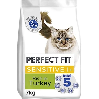 Image of Perfect Fit Sensitive Adult 1+ Complete Dry Cat Food for Cats Aged Years, Rich in Turkey, 1 Bag (7 kg)