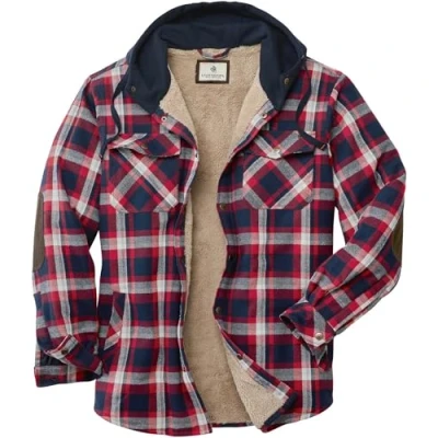 Image of Legendary Whitetails Men&#039;s Camp Night Berber Lined Hooded Flannel Shirt Jacket, Racer Plaid, L Tall