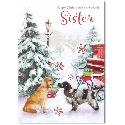 Image of doodlecards Sister Christmas Card Two Dogs in Snow Medium Size for with Plain Envelope