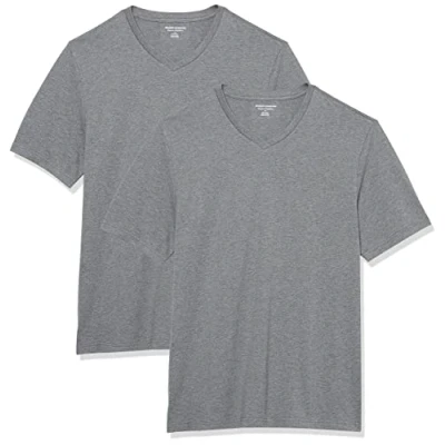 Image of Amazon Essentials Men&#039;s Regular Fit Short Sleeved V Neck T Shirt (Available in Big and Tall), Pack of 2, Grey Heather, S