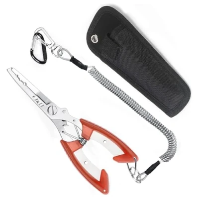 Image of J&amp;D Multi Functional Lightweight Stainless Steel Fishing Plier Hook Remover Tool with Safety Coiled Lanyard (Orange)