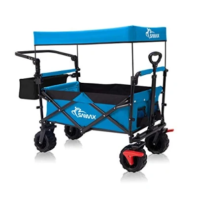 Image of SAMAX Folding Camping Cart Garden Trolley Coaster Wagon with Removable Canopy Brake and Tail bag Beach Foldable Hand Truck Offroad Blue