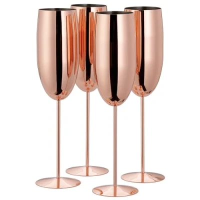 Image of Oak &amp; Steel 4 Stainless Champagne Flutes Camping Wine Glasses Picnic Rose Gold, 285 ml