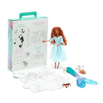 Image of Disney Store Official Ariel Story Doll, The Little Mermaid (Live Action 2023), 24.5cm/9, With Sebastian, 2 Outfits, Accessories, Colouring &amp; Activity Pack, Box that Folds to a Play Stage, Ages 3+
