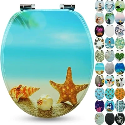 Image of Sanfino® Premium Toilet Seat with Soft Close Wooden Lid, Lots of Colourful and Decorative Designs, high Seating Comfort, Easy to Install Including Instructions &quot;Seastar Beach&quot;