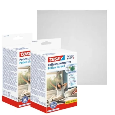 Image of tesa Pollen Screen Cut to Size, Transparent Protection Reduce Allergies 2 Pack for Inward Opening Windows incl. Self Adhesive Tape Anthracite 130 cm x 150