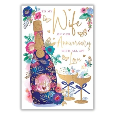 Image of Wife Anniversary Card Floral Champagne Bottle and Butterflies with Embossed Foil Details Eco Friendly by Words Wishes