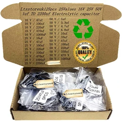 Image of Electrolytic Capacitors Kit/Ltsstoreuk Aluminum Capacitor Assorted Assortment Kit 16V 25V 50V/1uF to 2200uF Black Compatible Arduino Tv Box Set 25 Values