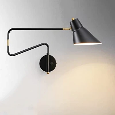 Image of Modern Adjustable E27 Wall Light with Switch, Lamp Rotatable 360 Flexible Arm Reading Lights, Metal Long Bedroom Bedside Lamp, Swivel Spotlight for Living Room Office,Black