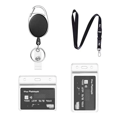 Image of Retractable Lanyard,Lanyard with Card Holder,1 Set Includes Lanyard, Reel Clip and Clear Waterproof id Badge Holder,for Lanyard Holder,Key Holder Keyring (Black A01)