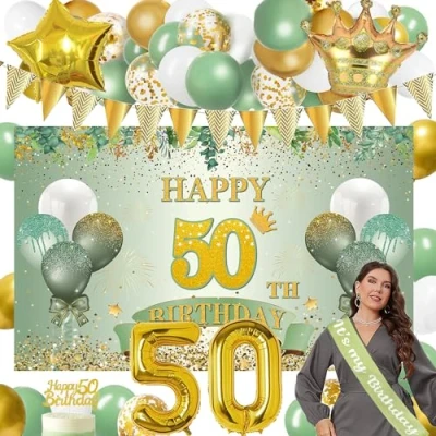 Image of 50th Birthday Decorations for Women Men, Sage Green 50 Years Old Party Kit With Happy Banner Balloon, Number Foil Sash, Cake Topper