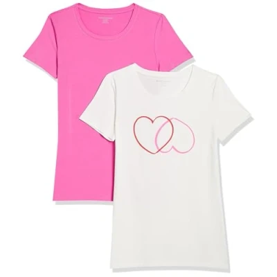 Image of Amazon Essentials Women&#039;s Classic Fit Short Sleeve Crewneck T Shirt, Pack of 2, Pink/White Hearts, M