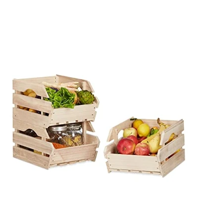 Image of Relaxdays Stacking Wooden Boxes, Set of 3 Universal Sturdy Storage Crates, HxWxD: 20x27.5x38 cm, Natural