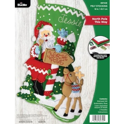 Image of FolkArt, North Pole This Way Bucilla Felt Applique 18&quot; Stocking Making Kit, 89742E