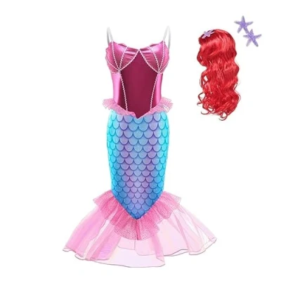 Image of Lito Angels Mermaid Princess Fancy Dress Up Costume Birthday Party Outfit with Hair Wig for Kids Girls Age 5 6 Years, Pink (Tag Number 130)