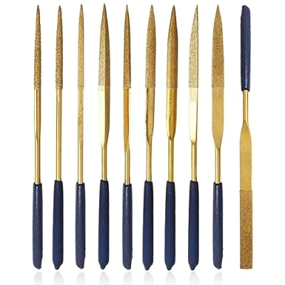 Image of Mesee 10 Pieces Titanium Coated Diamond File Set, 3x140mm Mini Needle Files Tools with Soft Rubber Handles Assorted Shapes Riffler for Metal Glass Ceramic Jewelry Filing Carving