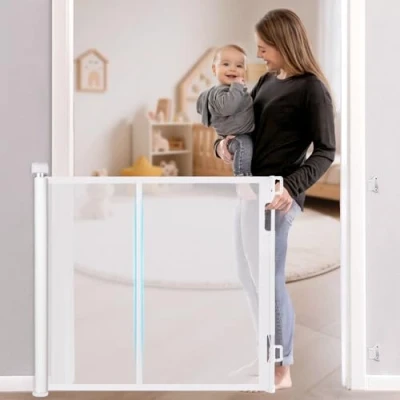 Image of Retractable Baby Gate, Upgraded Pet Gate with Fiberglass, Extends to 140 cm Wide, 84 Tall, Mesh Dog for Stairs, Indoors, Outdoors and Hallways, White