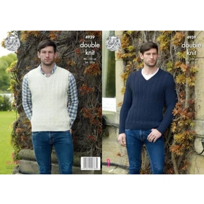 Image of King Cole Mens Double Knitting Pattern Cable Knit Cricket Slipover and Sweater (4939)