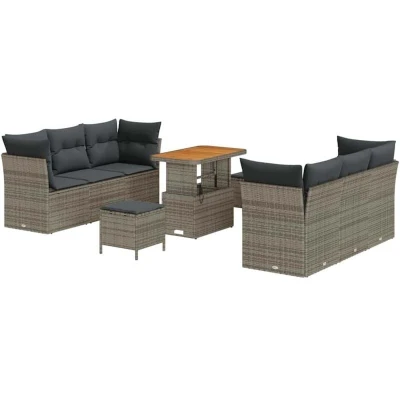 Image of vidaXL 9 Piece Garden Sofa Set with Cushions Grey Poly Rattan Acacia