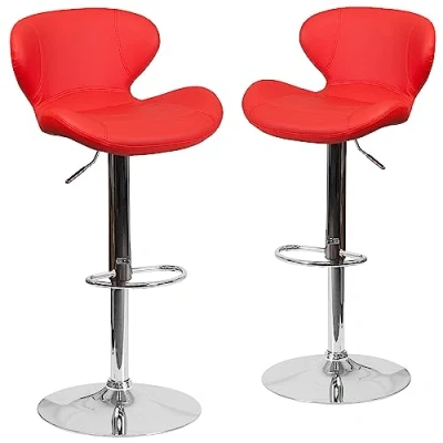 Image of Flash Furniture 2 Pack Contemporary Adjustable Height Barstool with Curved Back and Chrome Base, Foam, Metal, Plywood, Red Vinyl