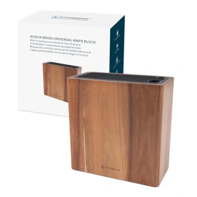 Image of KITCHENDAO XL Acacia Wood Universal Knife Block Holder with Slots for Scissors and Sharpening Rod, Safe, Space Saver Knives Storage Stand Display Without Knives, Unique Slot Design to Protect Blade