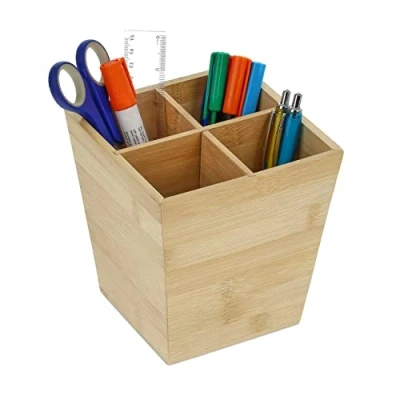 Image of Relaxdays Pen Holder, Organiser with 4 Compartments, H x W D: 15.5 14.5 cm, Bamboo, Natural