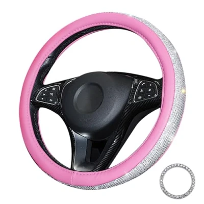 Image of Pahajim Car Steering Wheel Covers with Sparkly Diamond,Glitter Diamante Cover Bling Accessories for Women Ladies (Pink white)