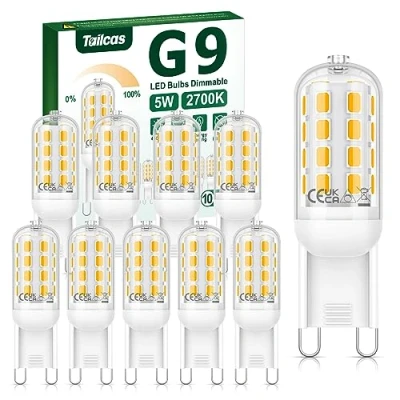 Image of Tailcas G9 Led Bulbs Dimmable Warm White 2700K, 5W 450LM Bulb Equivalent to 40W Halogen Bulb, No Flicker AC 220 240V, Energy Saving Light for Chandelier, Crystal Lamp, 10 Pack
