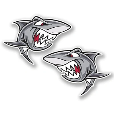 Image of 2 x 20cm Angry Shark Vinyl Stickers Bike Laptop Helmet Car Surf Beach Fun #4835 (20cm Wide 14.3cm Tall)