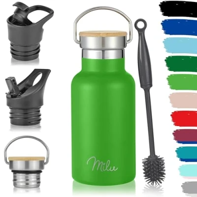 Image of Milu Stainless Steel Drinking Bottle 350ml, 500ml, 750ml, 1l (+3 Lids) Thermo with Straw, Water Bottle, for Hot, Cold &amp; Carbonated Drinks (Apple Green, 350ml)