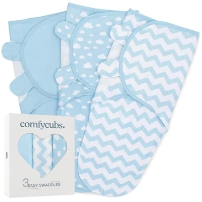 Image of Comfy Cubs Baby Blanket, Swaddle Blanket 0 3 months, Newborn Essentials, Infant Sleep Sack Wrap, 100% Breathable Cotton, Boy Girl, Adjustable Pack (Blue, Small Medium)