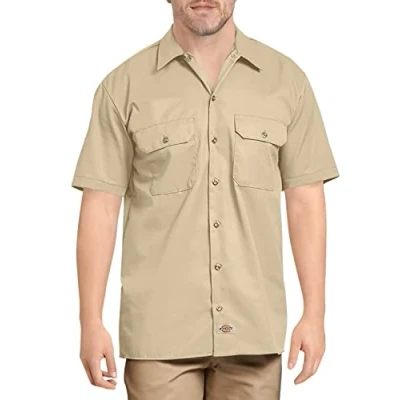 Image of Dickies Men&#039;s Short Sleeve Work Utility Button Down Shirt, Desert Sand V1, S