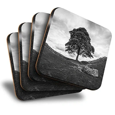 Image of Destination Vinyl ltd Great Coasters (Set of 4) Square BW Hadrian&#039;s Wall Northumberland Drink Glossy Coasters/Tabletop Protection for Any Table Type #38142