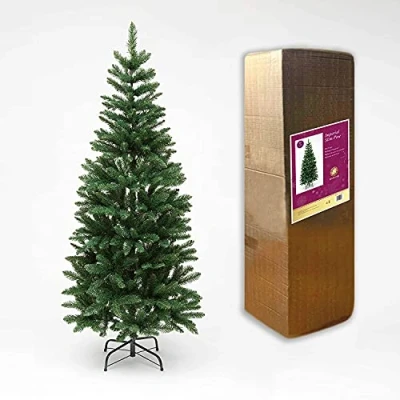 Image of SHATCHI Slim Pine Green Tree Christmas Holiday Festive Xmas Home Decorations with Pencil Point Tips, 4FT 8FT, Metal, 7Ft
