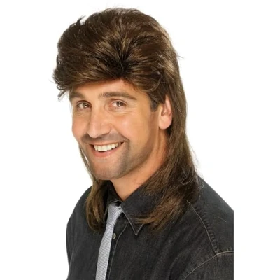 Image of Smiffys Mullet Wig, Brown , 1980&#039;s Fancy Dress, Adult Dress Up Wigs