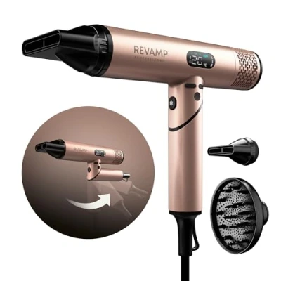 Image of REVAMP Dynamic Radiance X Shine Ionic Portable Hair Dryer, Digital Intelligent Motor for Powerful Fast Drying Lightweight, Low Noise, Cold Setting 3 Magnetic Attachments Professional Styling