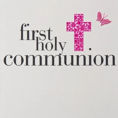 Image of Claire Giles Greeting Cards, First Holy Communion Girl Card, Pink Cross Design and Embellished with a Fabric Butterfly