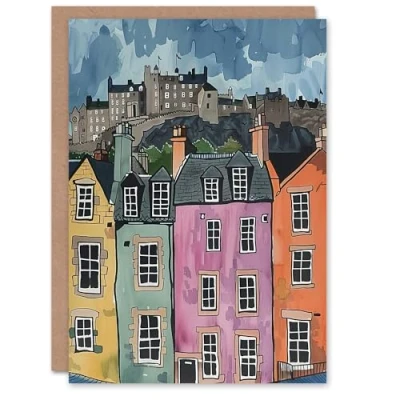 Image of Artery8 Greeting Card Edinburgh Castle Grassmarket Cityscape Scotland Blank For Him Or Her Art Birthday