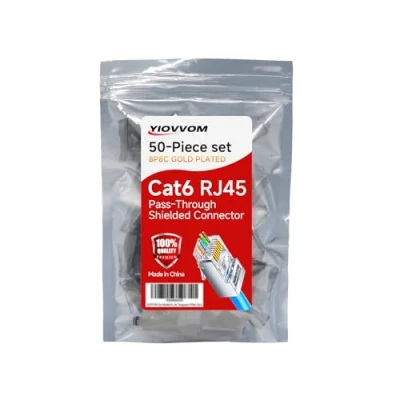 Image of YIOVVOM Cat 6 Shielded Pass Through RJ45 8P8C Connectors (Cat6 Connector / Modular Plugs/Cat Ends/Ethernet Plugs) UTP Network for Solid Wire and Standard Cable, Transparent, 50 Pack