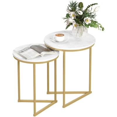 Image of HOMCOM Nesting Coffee Table Set of 2, Modern Nest Tables, Round Sofa Side Tables with Metal Frame for Living Room, Bedroom, Small Space, Gold Tone