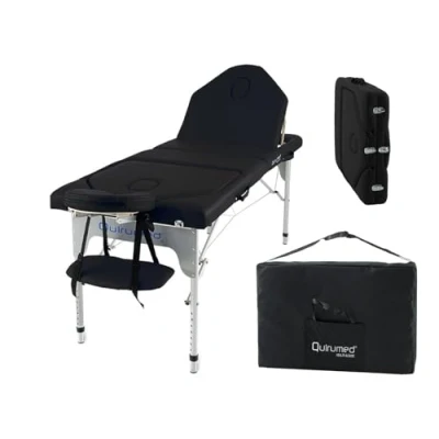 Image of QUIRUMED Aluminium Folding Table, with Double Backrest, Aluminium, Leatherette, Black, 186 x 66 cm, Portable, Removable Headrest, Face hole, Adjustable Height, Up to 150 kg