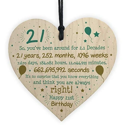 Image of RED OCEAN 21st Birthday Gift For Daughter Son Wooden Hanging Heart Twenty One Card
