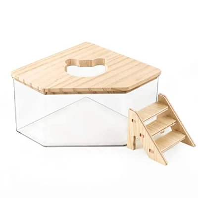 Image of Hamster Sand Bath, Pentagon Bath Container with Climbing Ladder, Large Acrylic Dig Box Wood Cover, for Hamsters Small Animals (Pentagon)