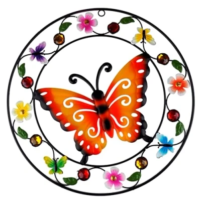 Image of BWG Large 35cm Butterfly Round Wall Plaque Garden Metal Decoration