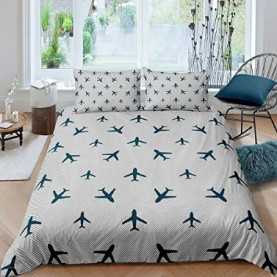 Image of Loussiesd Stripes Duvet Cover Set Single for Kids Child Teens Men Plane Flying Decoration Blue Comforter with 2 Pillowcases Soft Microfiber Cute Lovely Quilt Zipper Pcs