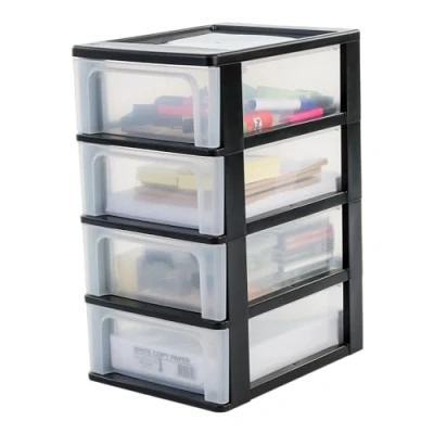 Image of Iris Ohyama Plastic Storage Drawers Unit, 4 Deep Drawers, Black, Easy Pull A4, A5 &amp; A6 Format, File Organiser, For Office, School, Stationary, BPA Free, Chest, Tower, OCH 2004