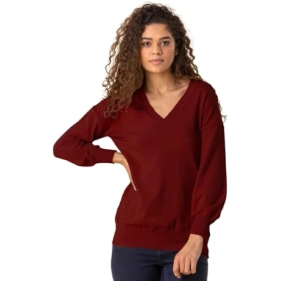 Image of Roman Womens Plain V Neck Stretch Jumper Red Size 10 UK