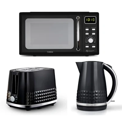 Image of Tower Solitaire Black 1.5L 3KW Jug Kettle, 2 Slice Toaster &amp; T24041BLK 800W 20L Digital Microwave. Matching Modern Design Kitchen Set in with Chrome Accents