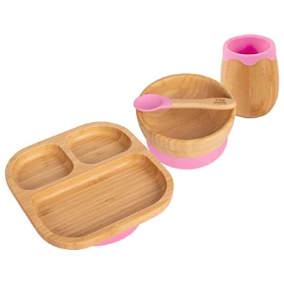 Image of Tiny Dining Divided Bamboo Suction Baby Feeding Set Pink 4pc