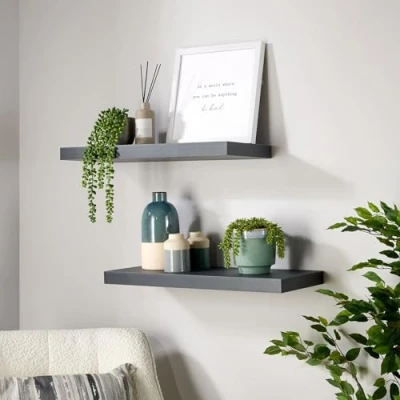 Image of Home Source Pair of 2 Floating Wall Mounted Storage Shelf Wooden DVD Book Shelves, Matt Grey, 60 cm